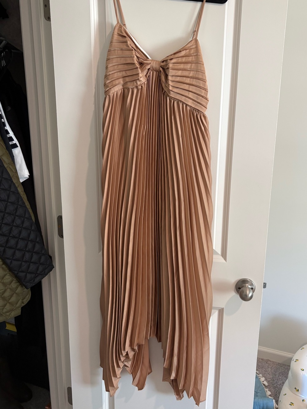 Petal and Pup Pleated Spaghetti Strap Midi Dress in Gold